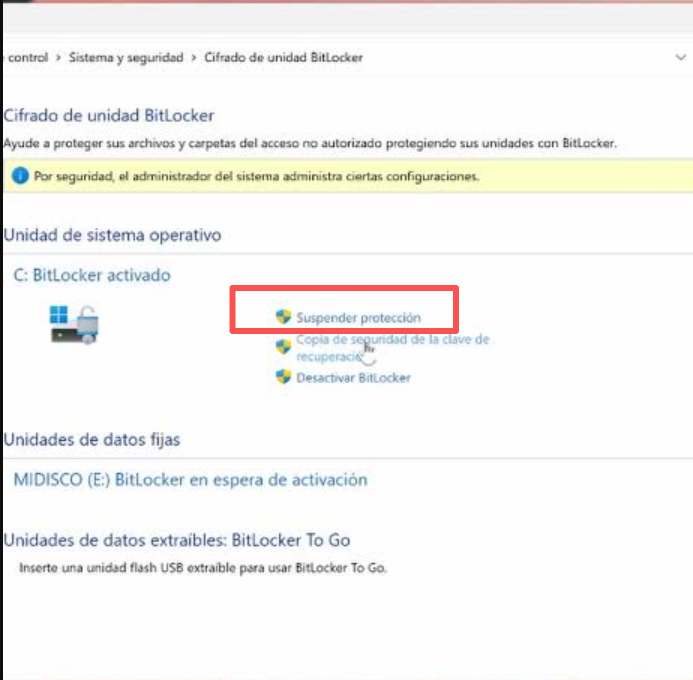 suspender protección bitlocker