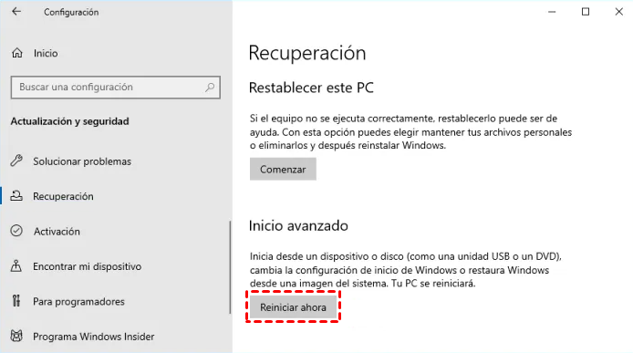 hacer clic en reiniciar ahora en el elemento de recuperación