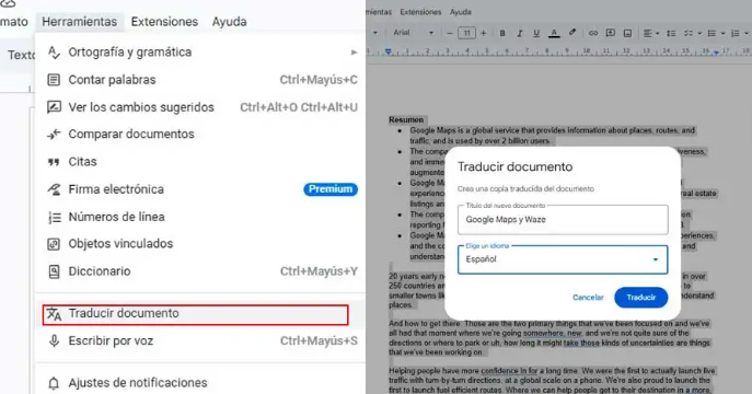 Google Docs, Traducir documento