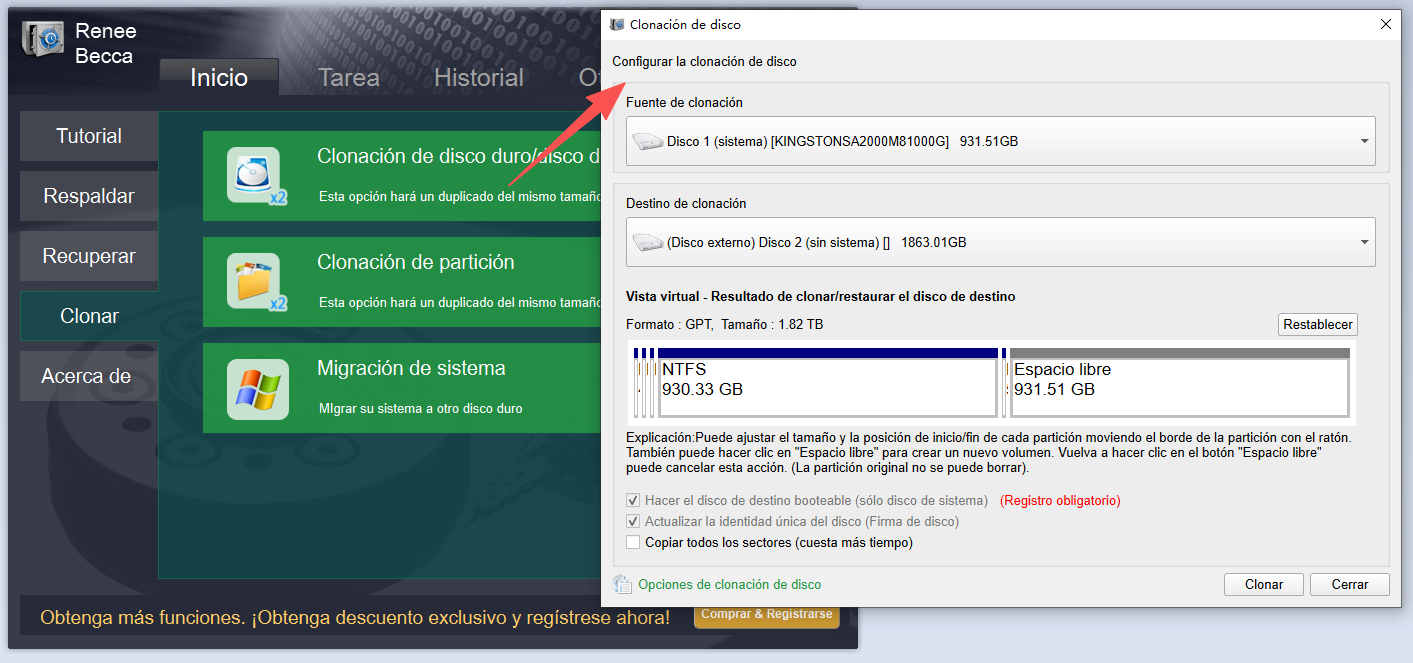 clonar datos en un disco nuevo cuando no hay suficiente espacio en el SSD