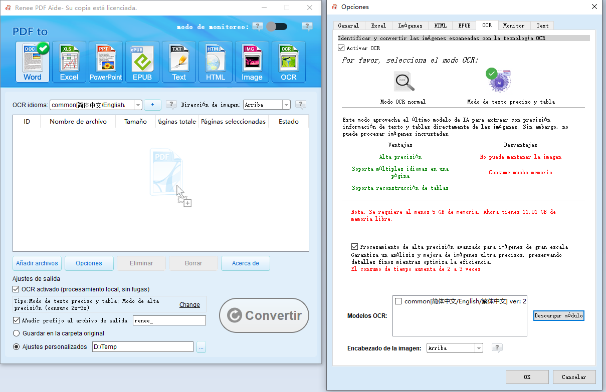 OCR de PDF de Renee PDF Aide con modelos de IA multilingües