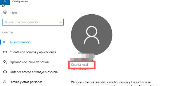 Configuración de Windows 10 > Cuentas > Tu información