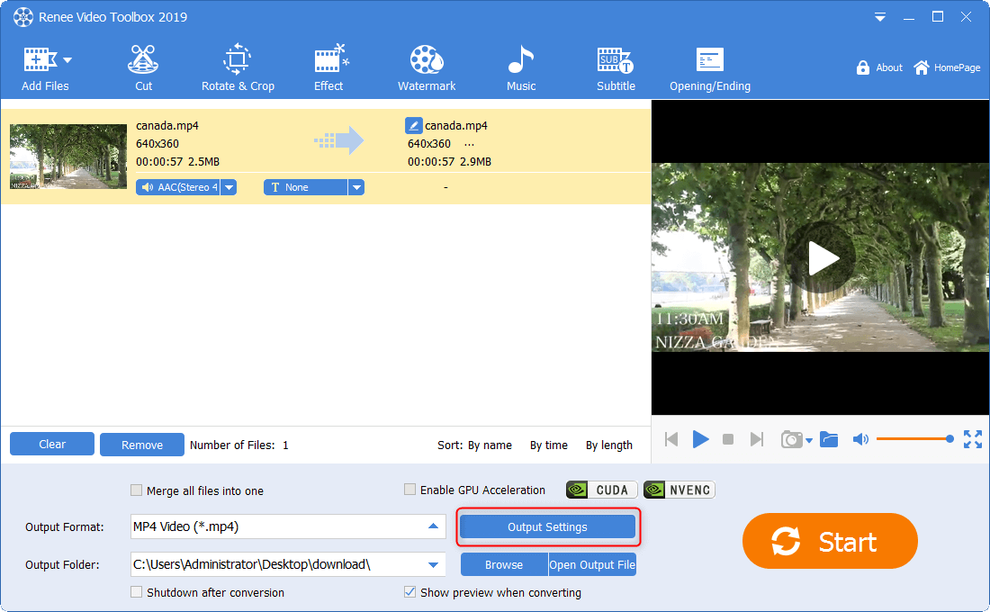 haga clic en la configuración de salida en renee video editor pro
