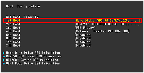 cambiar el orden de arranque del disco duro en la configuración de arranque de la BIOS