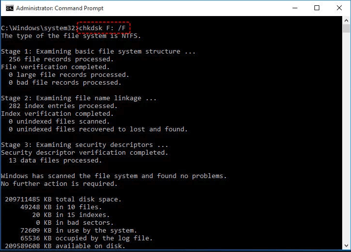 chkdsk f /f para reparar la tarjeta SD