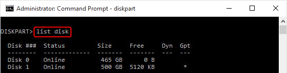 escribir list disk en diskpart para inicializar el disco