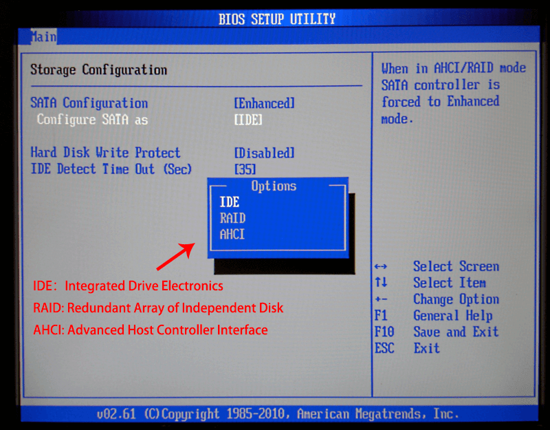 tres modos del controlador SATA
