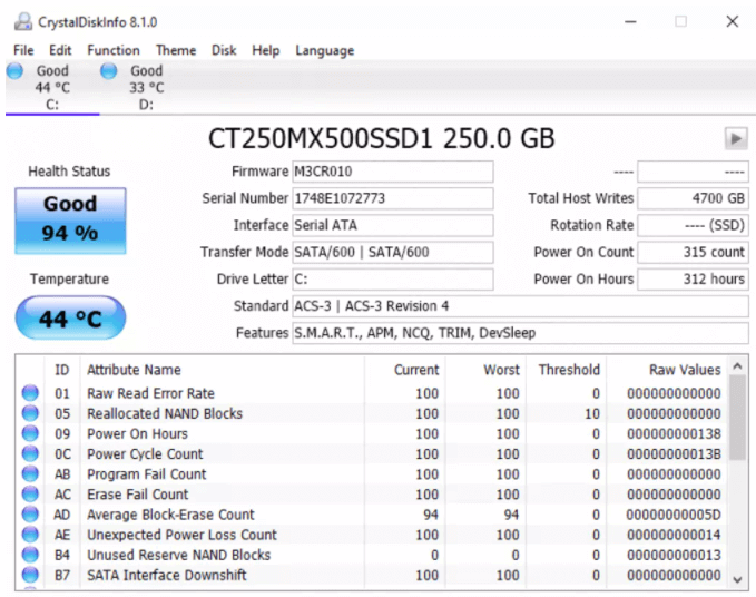 cómo comprobar la salud del SSD con CrystalDiskInfo