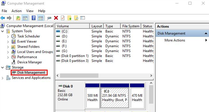 interfaz de la herramienta Administración de discos de Windows