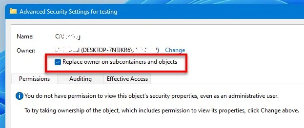 Windows Reemplazar propietario en subcontenedores y objetos