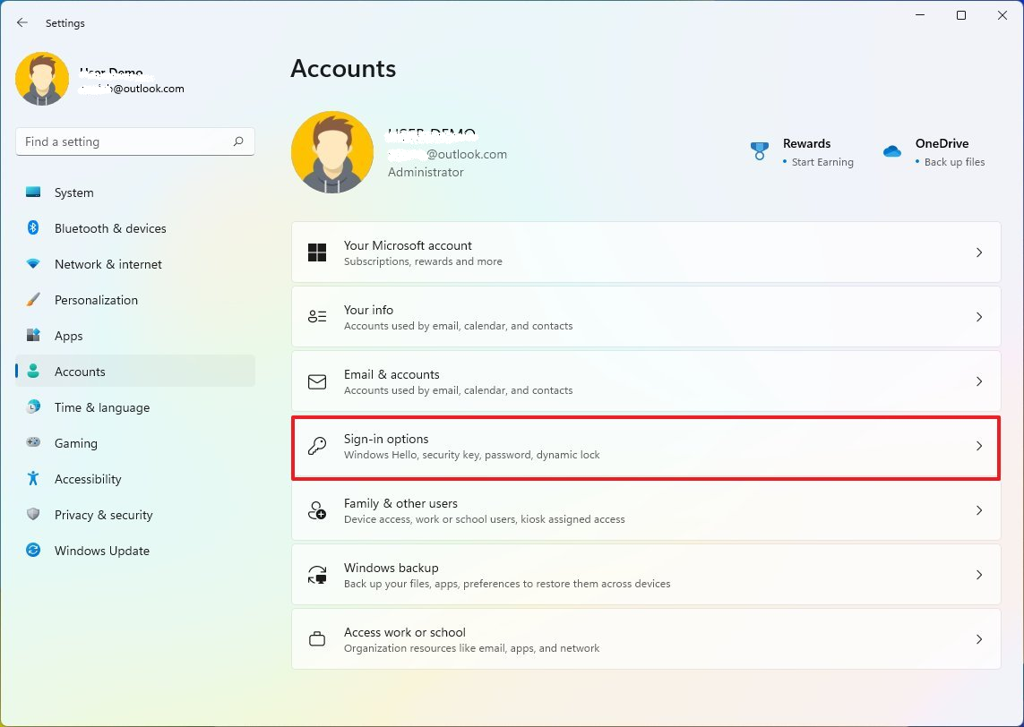 Windows 11 Configuración > Cuentas > Opciones de inicio de sesión