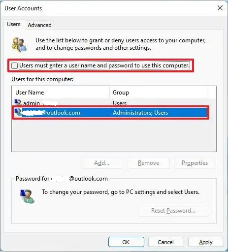 Desmarcar 'Los usuarios deben escribir su nombre de usuario y contraseña' en netplwiz