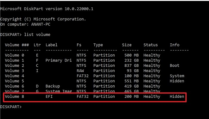 comprobar partición EFI en diskpart