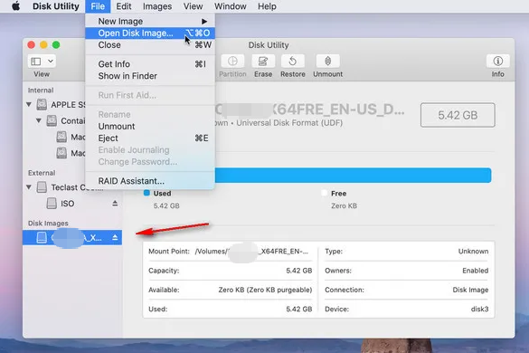 En macOS, usa Archivo -> Abrir imagen de disco para cargar el archivo de imagen