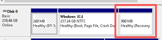 Partición de recuperación de Windows en el Administrador de discos
