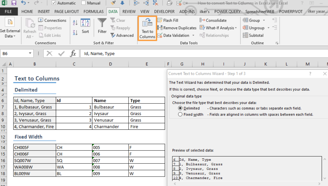 Datos > Texto en columnas en Excel