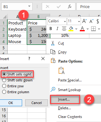 Desplazar celdas a la derecha en excel